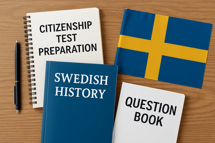 Study materials and Swedish flag for citizenship test preparation